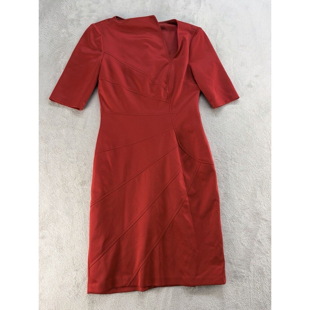 London Times Sheath Dress Womens Size 4 Midi Knee Length Red Short Sleeve